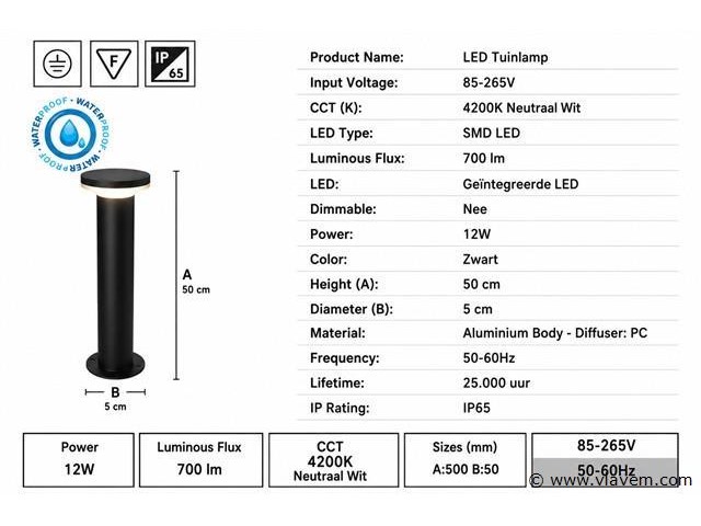 2 x led buiten sokkel lamp – 12w – 4200k neutraal wit - zwart – ip65 – dexter-3 - afbeelding 4 van  5