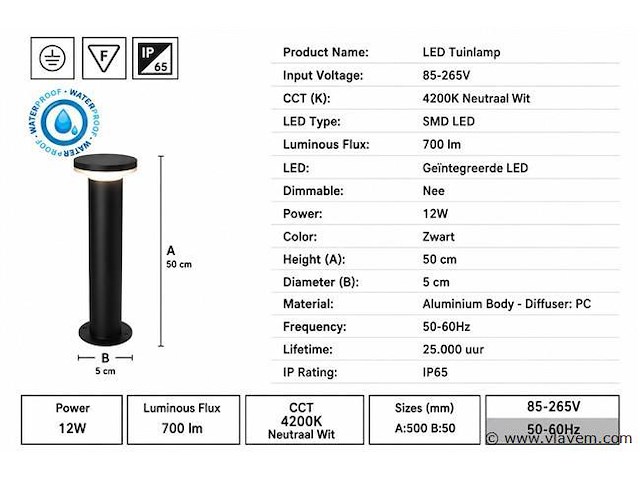 2 x led buiten sokkel lamp – 12w – 4200k neutraal wit - zwart – ip65 – dexter-3 - afbeelding 4 van  5