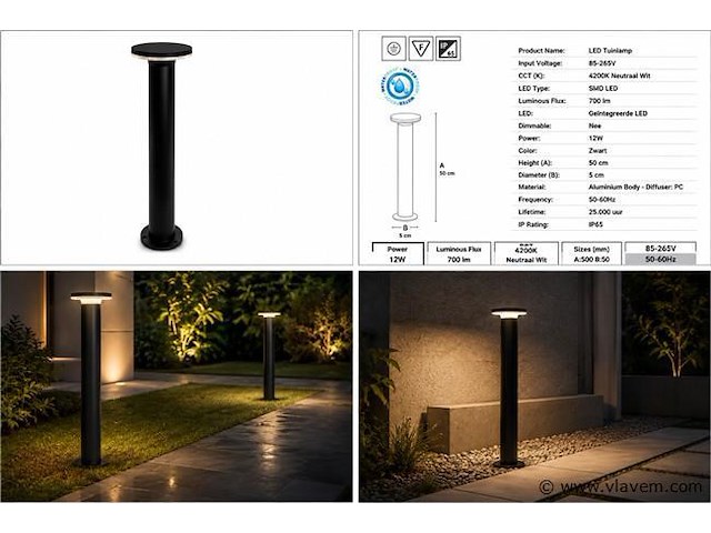2 x led buiten sokkel lamp – 12w – 4200k neutraal wit - zwart – ip65 – dexter-3 - afbeelding 5 van  5