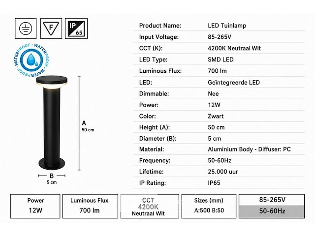 2 x led buiten sokkel lamp – 12w – 4200k neutraal wit - zwart – ip65 – dexter-3 - afbeelding 5 van  6