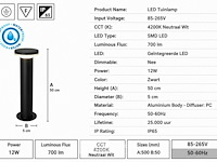 2 x led buiten sokkel lamp – 12w – 4200k neutraal wit - zwart – ip65 – dexter-3 - afbeelding 5 van  6