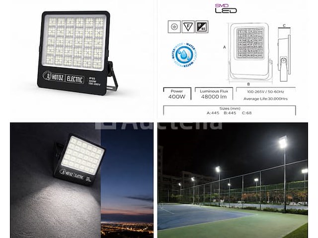 2 x led floodlight 400w – 6400k koud wit - zwart – ip65 – borneo-400 - afbeelding 4 van  5