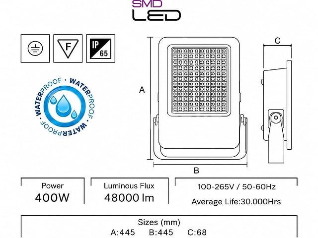 2 x led floodlight 400w – 6400k koud wit - zwart – ip65 – borneo-400 - afbeelding 5 van  5