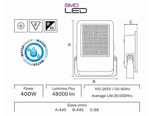 2 x led floodlight 400w – 6400k koud wit - zwart – ip65 – borneo-400 - afbeelding 4 van  5