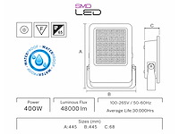 2 x led floodlight 400w – 6400k koud wit - zwart – ip65 – borneo-400 - afbeelding 4 van  5