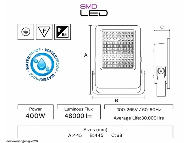 2 x led floodlight 400w – 6400k koud wit - zwart – ip65 – borneo-400 - afbeelding 5 van  6