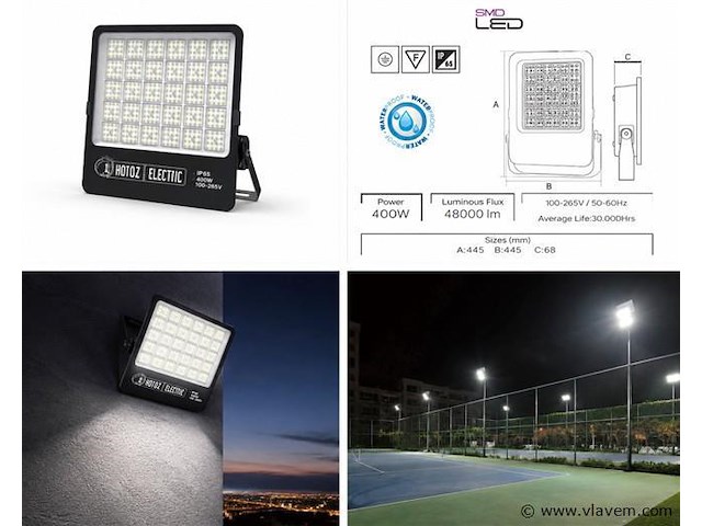 2 x led floodlight 400w – 6400k koud wit - zwart – ip65 – borneo-400 - afbeelding 5 van  5