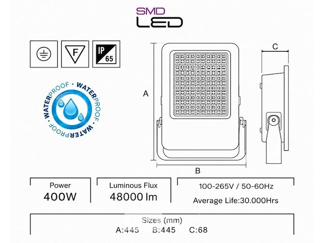 2 x led floodlight 400w – 6400k koud wit - zwart – ip65 – borneo-400 - afbeelding 5 van  6