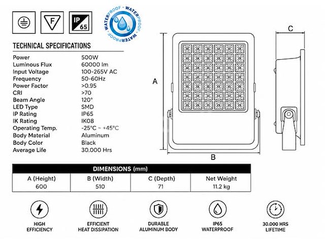 2 x led floodlight 500w – 6400k koud wit - zwart – ip65 – borneo-500 - afbeelding 5 van  5
