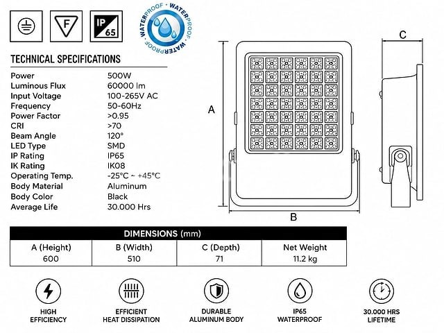 2 x led floodlight 500w – 6400k koud wit - zwart – ip65 – borneo-500 - afbeelding 4 van  5