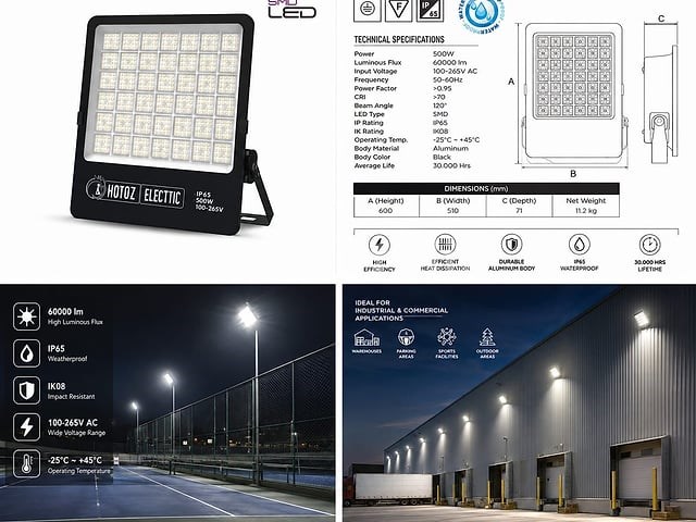 2 x led floodlight 500w – 6400k koud wit - zwart – ip65 – borneo-500 - afbeelding 5 van  5