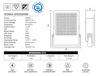2 x led floodlight 500w – 6400k koud wit - zwart – ip65 – borneo-500 - afbeelding 4 van  5