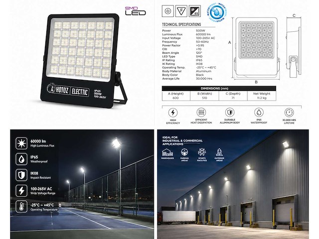 2 x led floodlight 500w – 6400k koud wit - zwart – ip65 – borneo-500 - afbeelding 5 van  5