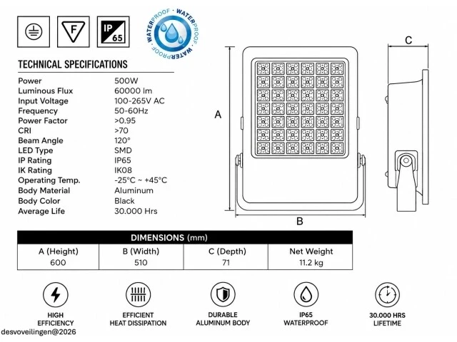 2 x led floodlight 500w – 6400k koud wit - zwart – ip65 – borneo-500 - afbeelding 5 van  6