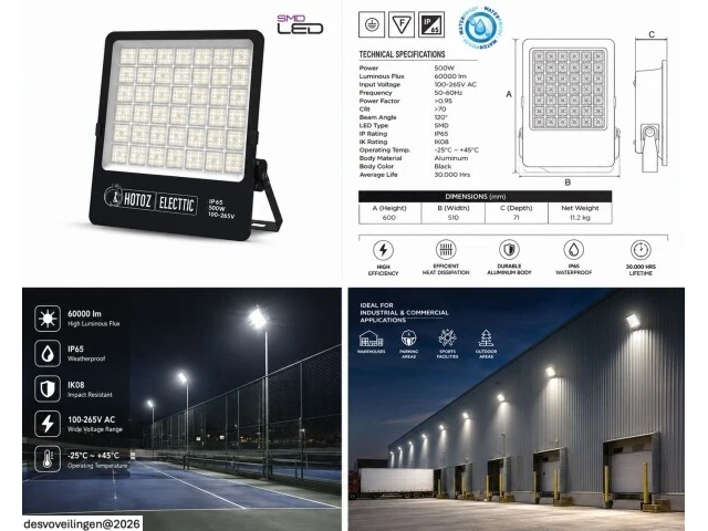 2 x led floodlight 500w – 6400k koud wit - zwart – ip65 – borneo-500 - afbeelding 6 van  6