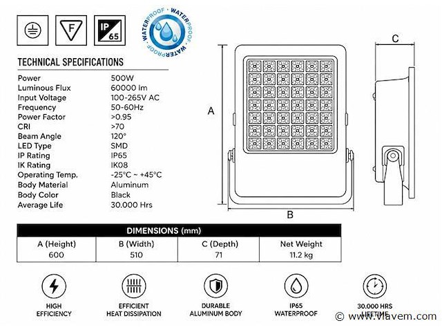 2 x led floodlight 500w – 6400k koud wit - zwart – ip65 – borneo-500 - afbeelding 4 van  5