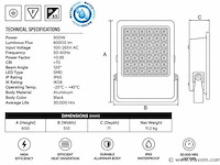 2 x led floodlight 500w – 6400k koud wit - zwart – ip65 – borneo-500 - afbeelding 4 van  5