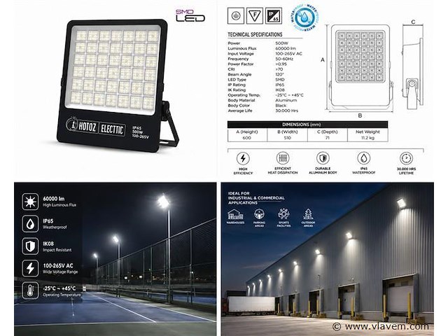 2 x led floodlight 500w – 6400k koud wit - zwart – ip65 – borneo-500 - afbeelding 5 van  5