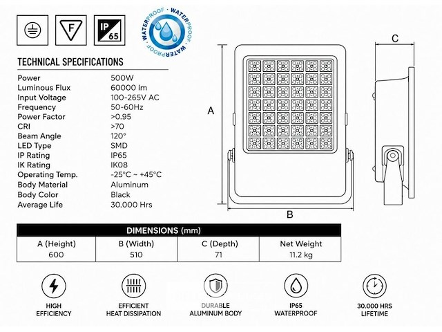2 x led floodlight 500w – 6400k koud wit - zwart – ip65 – borneo-500 - afbeelding 5 van  6
