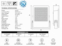 2 x led floodlight 500w – 6400k koud wit - zwart – ip65 – borneo-500 - afbeelding 5 van  6