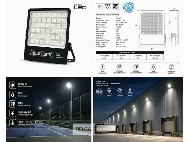 2 x led floodlight 500w – 6400k koud wit - zwart – ip65 – borneo-500 - afbeelding 6 van  6