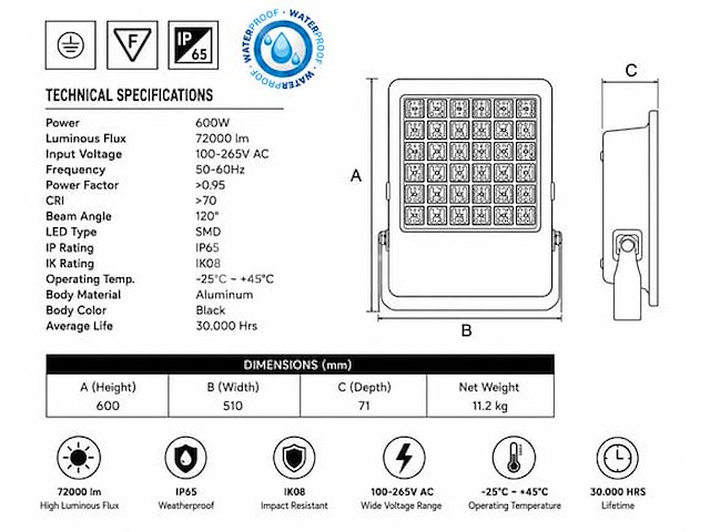 2 x led floodlight 600w – 6400k koud wit - zwart – ip65 – borneo-600 - afbeelding 3 van  5