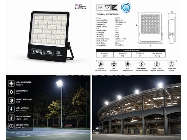 2 x led floodlight 600w – 6400k koud wit - zwart – ip65 – borneo-600 - afbeelding 5 van  5