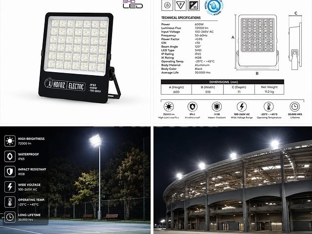 2 x led floodlight 600w – 6400k koud wit - zwart – ip65 – borneo-600 - afbeelding 3 van  5
