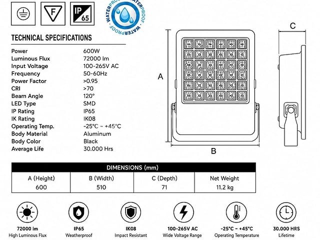 2 x led floodlight 600w – 6400k koud wit - zwart – ip65 – borneo-600 - afbeelding 5 van  5