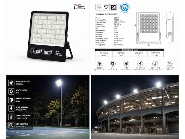 2 x led floodlight 600w – 6400k koud wit - zwart – ip65 – borneo-600 - afbeelding 5 van  5