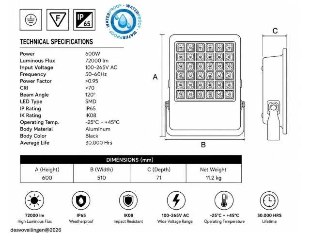 2 x led floodlight 600w – 6400k koud wit - zwart – ip65 – borneo-600 - afbeelding 5 van  6