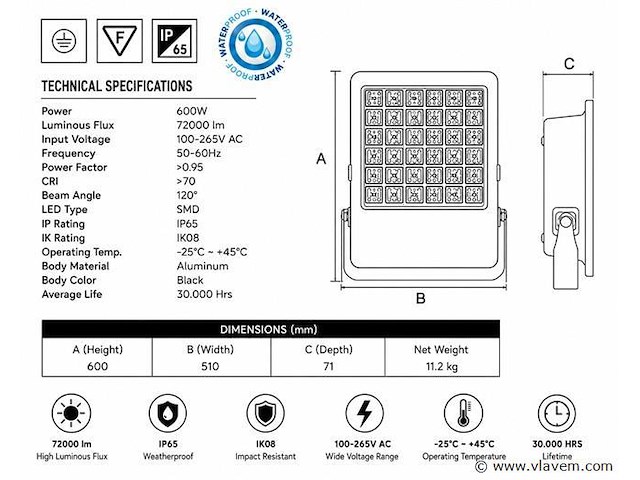 2 x led floodlight 600w – 6400k koud wit - zwart – ip65 – borneo-600 - afbeelding 4 van  5