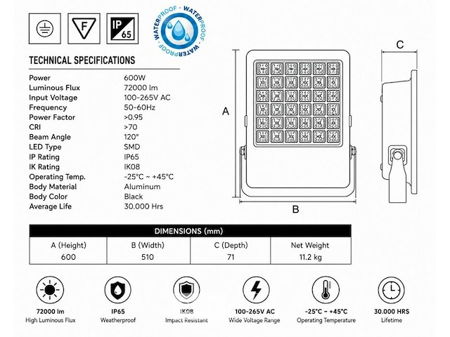 2 x led floodlight 600w – 6400k koud wit - zwart – ip65 – borneo-600 - afbeelding 5 van  6
