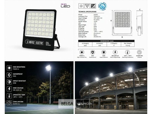 2 x led floodlight 600w – 6400k koud wit - zwart – ip65 – borneo-600 - afbeelding 6 van  6