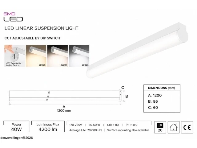 2 x led linear hanglamp 40w – 3cct instelbaar - wit – avenue 3cct - afbeelding 5 van  6