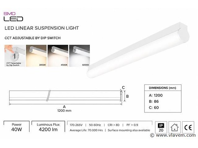 2 x led linear hanglamp 40w – 3cct instelbaar - wit – avenue 3cct - afbeelding 4 van  5