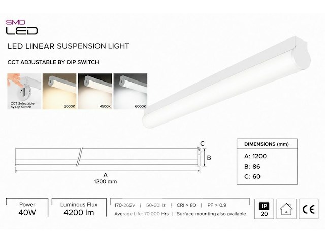 2 x led linear hanglamp 40w – 3cct instelbaar - wit – avenue 3cct - afbeelding 5 van  6