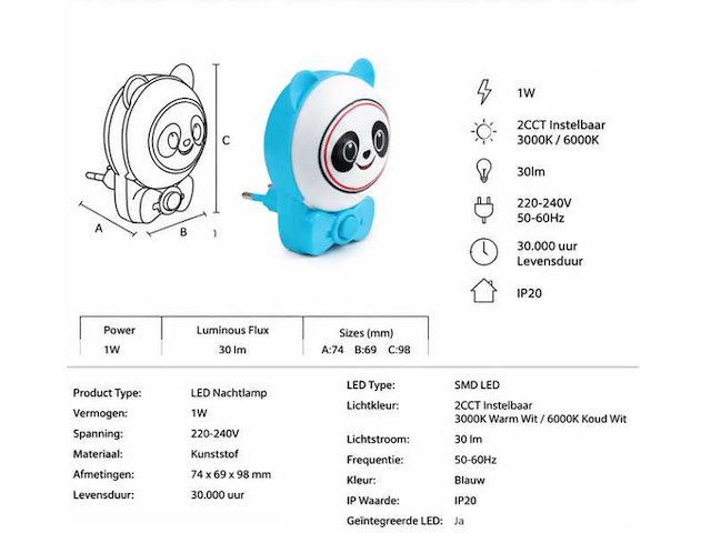 2 x led nachtlamp 1w – 2cct instelbaar - panda design – ip20 – andy 2cct - afbeelding 15 van  15