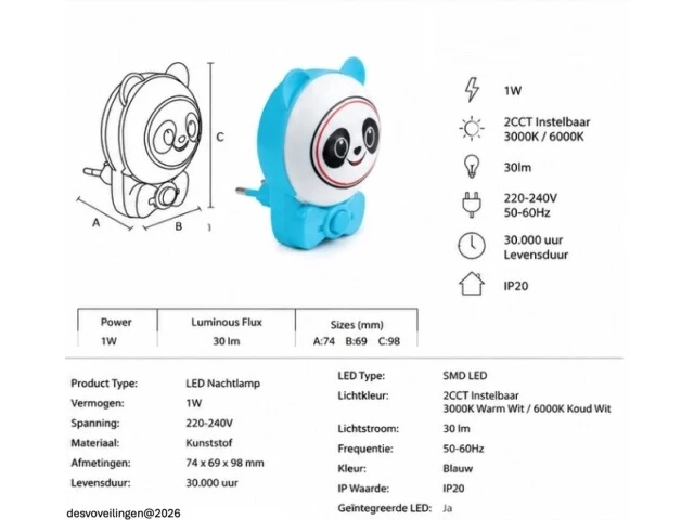 2 x led nachtlamp 1w – 2cct instelbaar - panda design – ip20 – andy 2cct - afbeelding 5 van  6