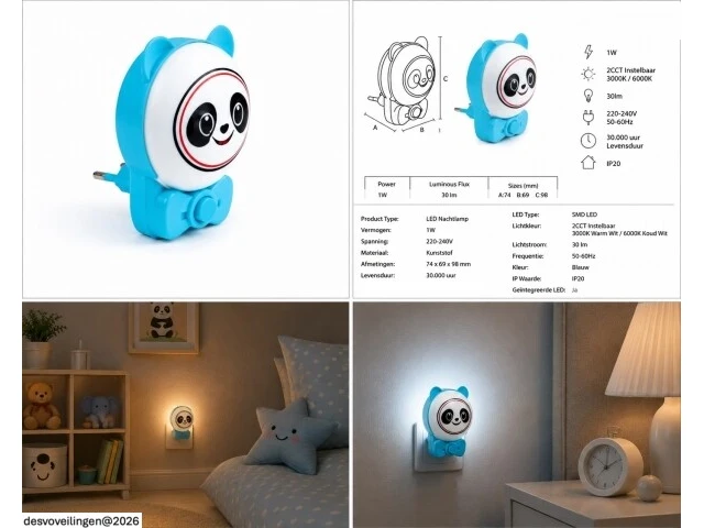 2 x led nachtlamp 1w – 2cct instelbaar - panda design – ip20 – andy 2cct - afbeelding 6 van  6