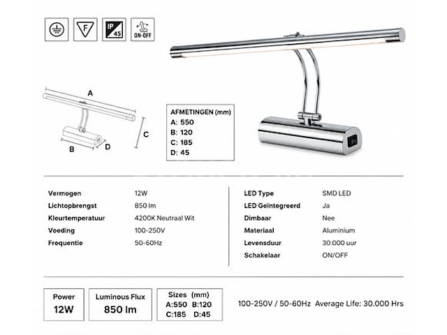 2 x led spiegel / schilderijlamp 12w – 4200k neutraal wit - chroom – ip45 – anka-12 - afbeelding 1 van  5