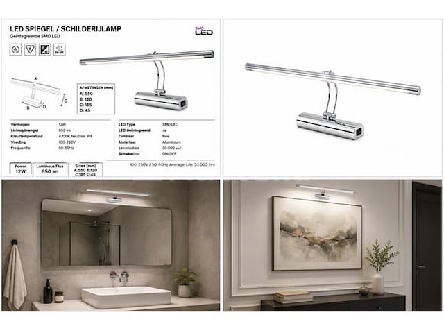 2 x led spiegel / schilderijlamp 12w – 4200k neutraal wit - chroom – ip45 – anka-12 - afbeelding 3 van  5