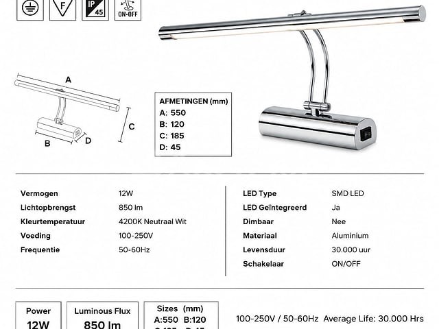 2 x led spiegel / schilderijlamp 12w – 4200k neutraal wit - chroom – ip45 – anka-12 - afbeelding 4 van  5