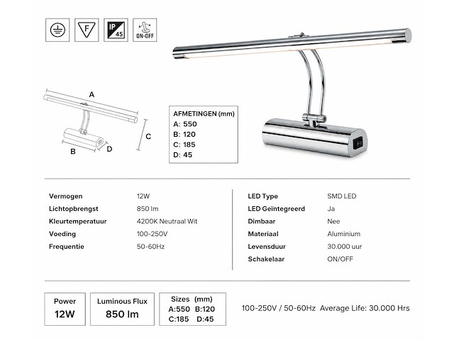 2 x led spiegel / schilderijlamp 12w – 4200k neutraal wit - chroom – ip45 – anka-12 - afbeelding 3 van  3