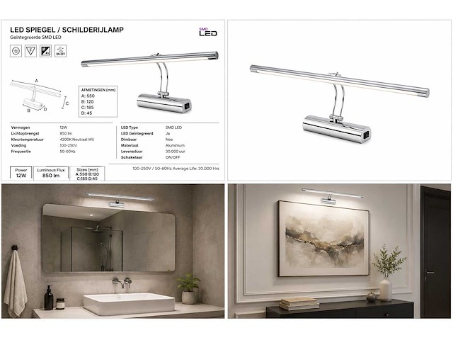 2 x led spiegel / schilderijlamp 12w – 4200k neutraal wit - chroom – ip45 – anka-12 - afbeelding 5 van  5