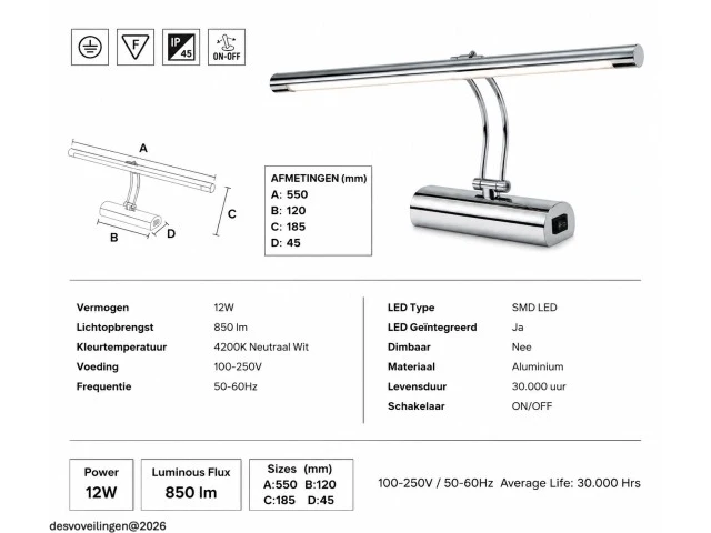 2 x led spiegel / schilderijlamp 12w – 4200k neutraal wit - chroom – ip45 – anka-12 - afbeelding 5 van  6