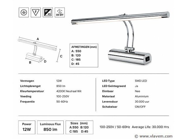 2 x led spiegel / schilderijlamp 12w – 4200k neutraal wit - chroom – ip45 – anka-12 - afbeelding 4 van  5