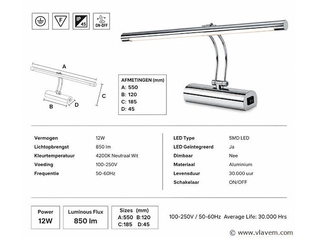 2 x led spiegel / schilderijlamp 12w – 4200k neutraal wit - chroom – ip45 – anka-12 - afbeelding 4 van  5