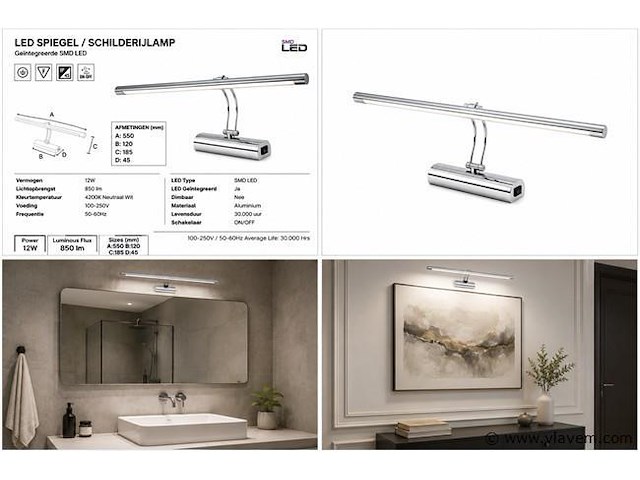 2 x led spiegel / schilderijlamp 12w – 4200k neutraal wit - chroom – ip45 – anka-12 - afbeelding 5 van  5