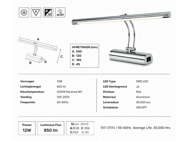 2 x led spiegel / schilderijlamp 12w – 4200k neutraal wit - chroom – ip45 – anka-12 - afbeelding 5 van  6